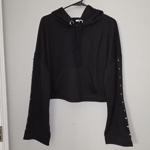 Black Cropped Hoodie with Studded Sleeves